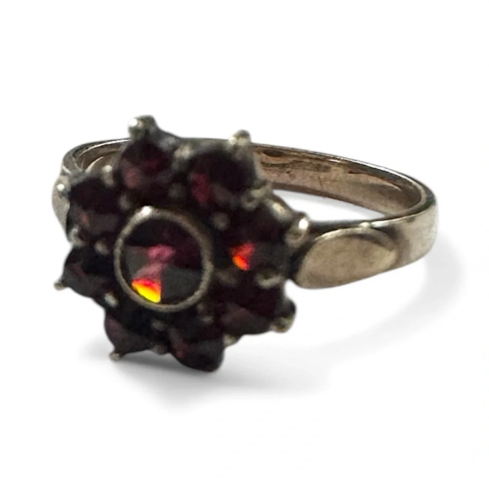 Vintage Bohemian Garnet 900 Silver Flower Cluster Ring Size 5